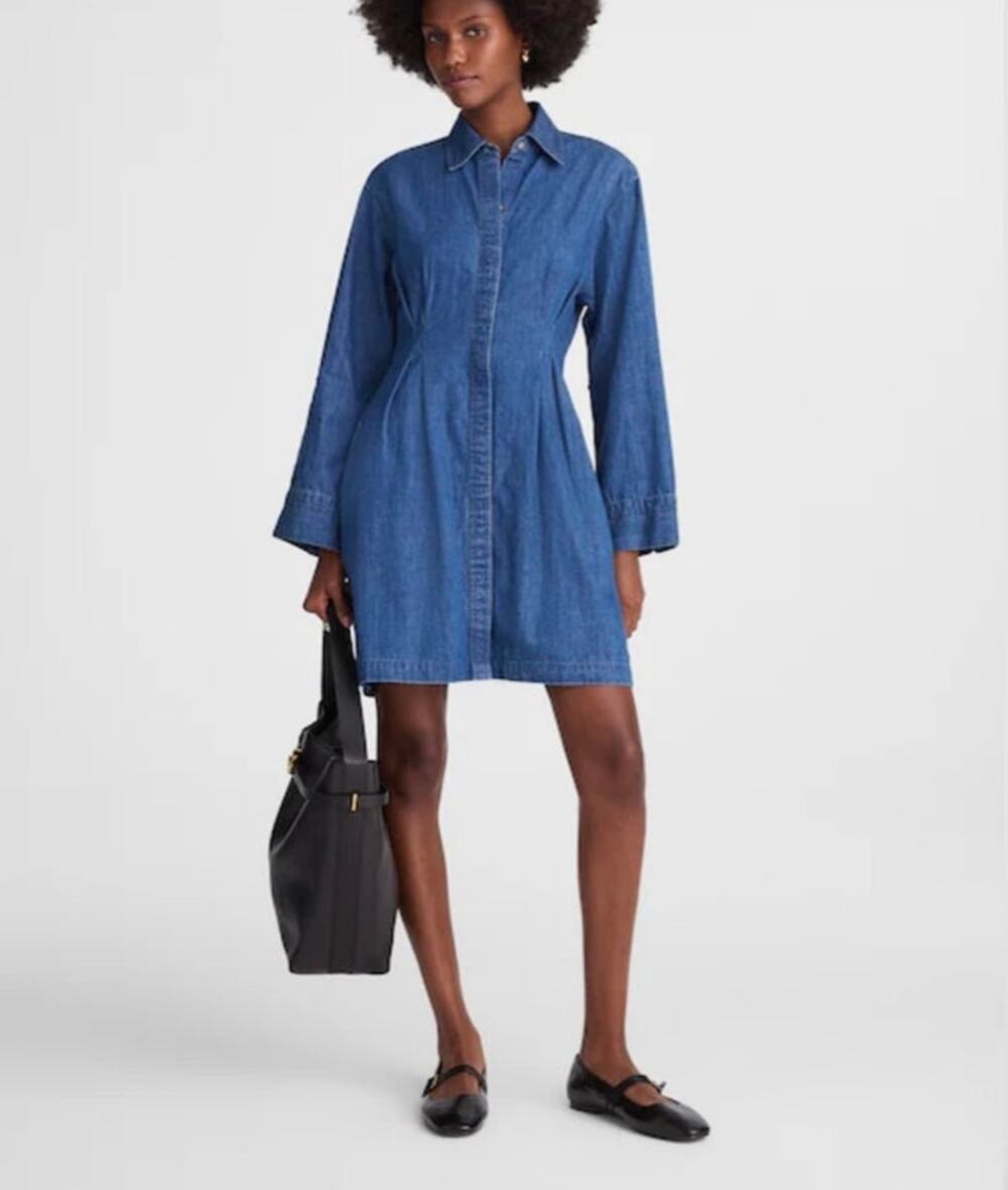 Madewell Denim Pleated Mini Shirt Dress Blue Button Front Size 2 Casual